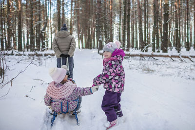 Happy friends have fun in wonderland, single dad pulls a sledge with children across winter forest