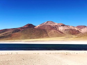 Scenic view of mountains against clear blue sky