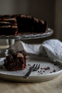 Close-up of chocolate cake slice with fork in plate