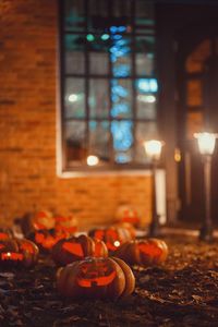 Close-up of pumpkin against illuminated building