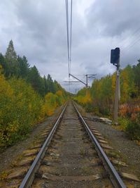 Railroad tracks amidst plants against sky