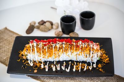 High angle view of cake in plate on table