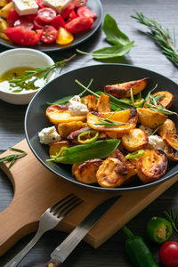 High angle view of food in plate on table