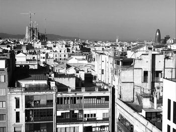 High angle view of buildings against sky