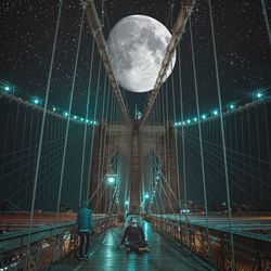 Rear view of people on footbridge at night