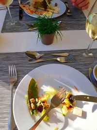 High angle view of meal served on table