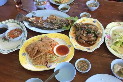High angle view of meal served on table