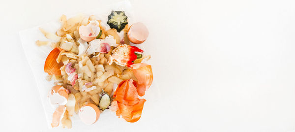 High angle view of chopped vegetables on plate against white background