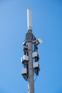 Low angle view of security camera against clear blue sky