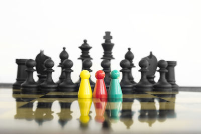 Close-up of chess board against white background