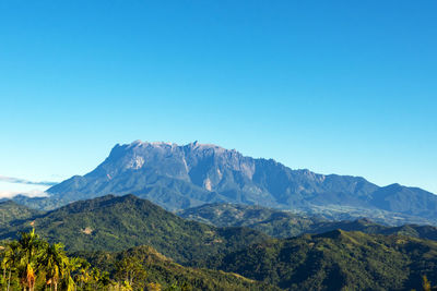 Scenic view of mountains against clear blue sky