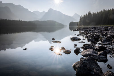 Still alpine lake reflecting sun and surrounding mountains and woods, jasper np, canada