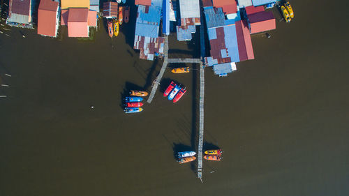 High angle view of houses by harbor