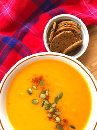 High angle view of soup in bowl on table