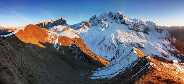 Panoramic view of snowcapped mountains against sky