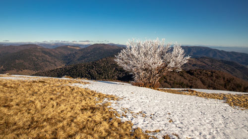 Scenic view of mountains against clear blue sky