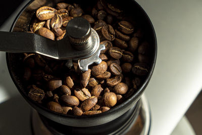 High angle view of coffee beans in container