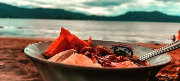 Close-up of meat in container on land