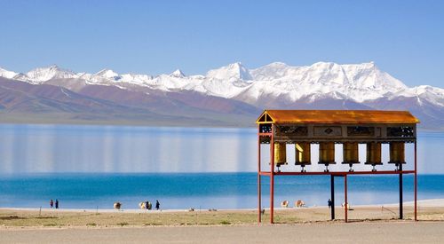 Prayer wheels against namtso lake