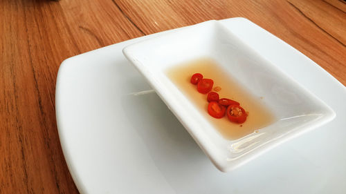 High angle view of dessert in plate on table