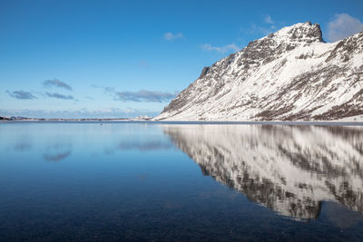 Scenic view of mountain reflected in lake against sky