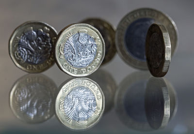 Close-up of coins on table