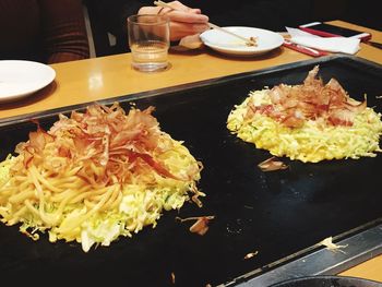 High angle view of food in plate on table