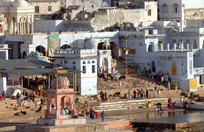 High angle view of people in town square