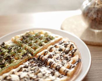 High angle view of noodles in bowl on table