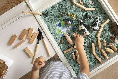 High angle view of people working at home