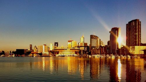 City skyline at sunset