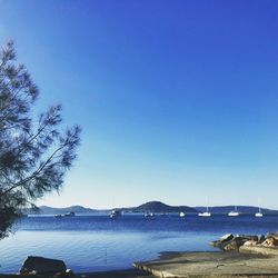 Scenic view of sea against clear blue sky