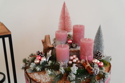 Close-up of christmas decorations on table