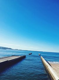 Scenic view of sea against clear blue sky