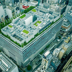 High angle view of modern buildings in city