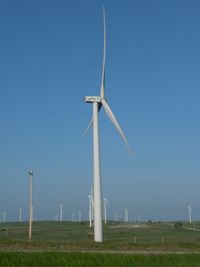 Wind turbines on grassy field against clear sky