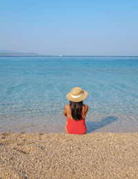 Rear view of woman standing at beach against clear sky