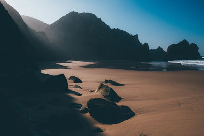 Scenic view of beach against clear sky