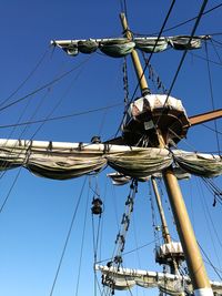 Low angle view of boat against blue sky