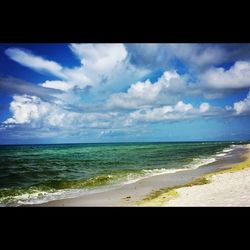 Scenic view of sea against cloudy sky