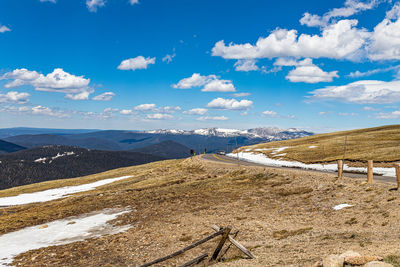 Scenic view of snow covered land against sky