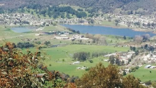 High angle view of landscape and mountains