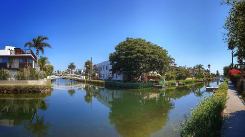 Reflection of trees and buildings in lake