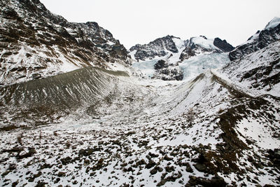 Close-up of snow on mountain against sky