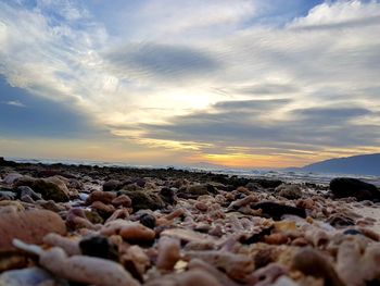 Rocks on beach against sky during sunset