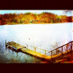 Lake with trees in background