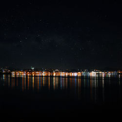 Scenic view of lake by illuminated city against sky at night