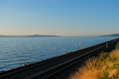 Scenic view of sea against clear sky during sunset