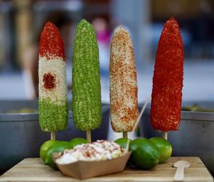 Close-up of corn on table. mexican style. 