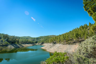 Scenic view of mountains against clear blue sky